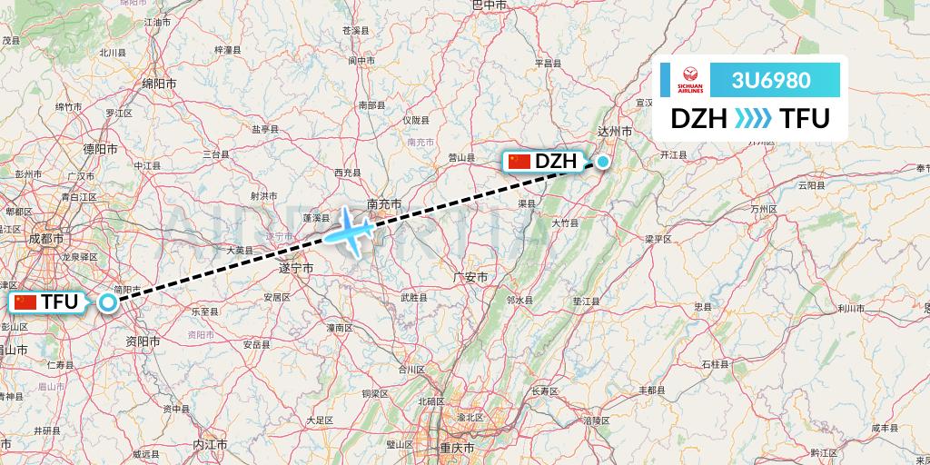 3U6980 Sichuan Airlines Flight Map: Dazhou to Chengdu