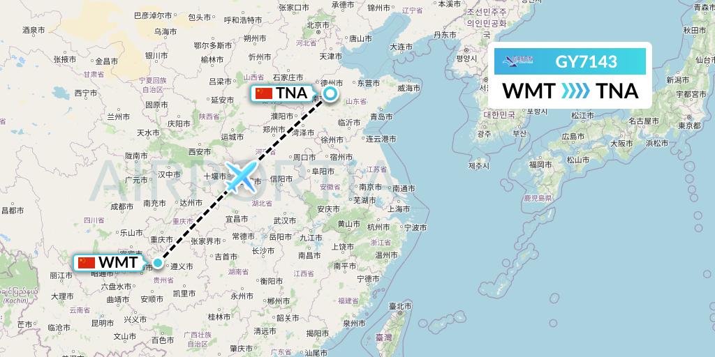 GY7143 Colorful GuiZhou Airlines Flight Map: Zunyi to Jinan