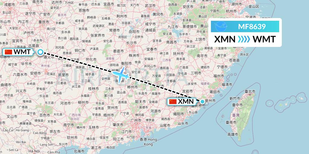 MF8639 Xiamen Airlines Flight Map: Xiamen to Zunyi