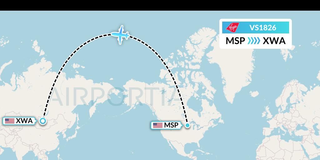 VS1826 Virgin Atlantic Airways Flight Map: Minneapolis to Williston