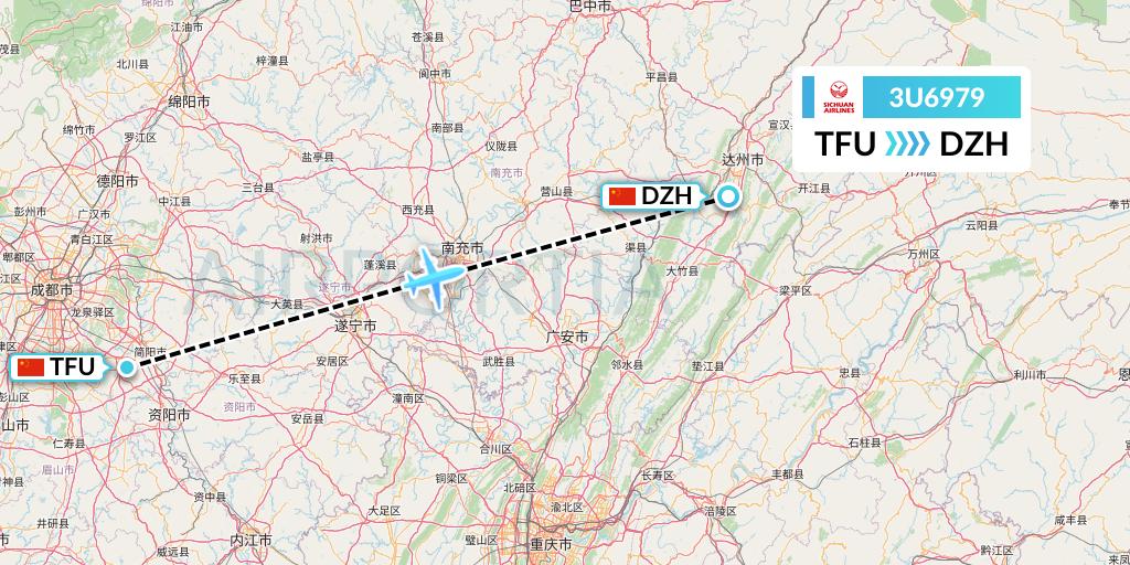 3U6979 Sichuan Airlines Flight Map: Chengdu to Dazhou