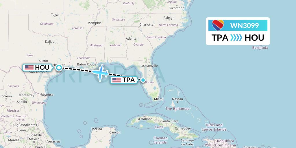 WN3099 Southwest Airlines Flight Map: Tampa to Houston