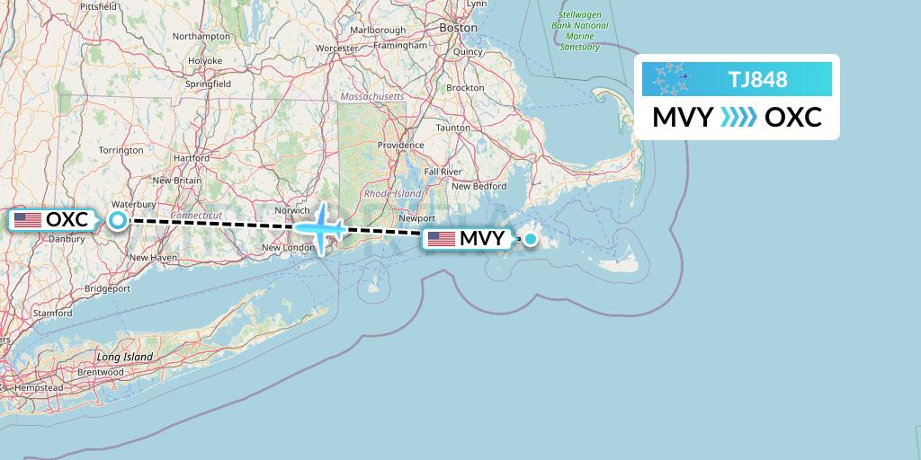 TJ848 Tradewind Aviation Flight Map: Martha's Vineyard to Oxford