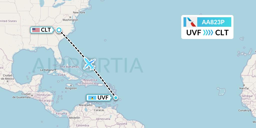 AA823P American Airlines Flight Map: Vieux Fort to Charlotte