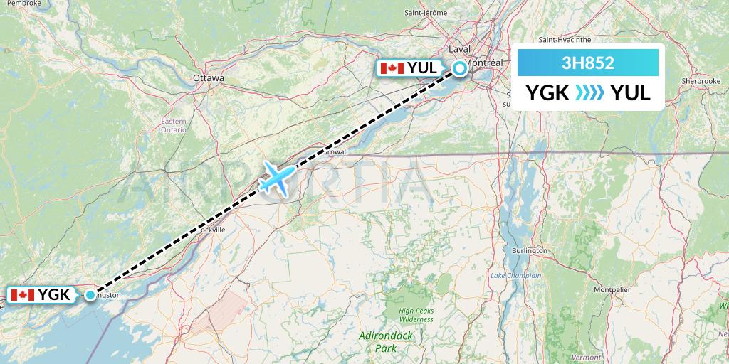 3H852 Air Inuit Flight Map: Kingston to Montreal