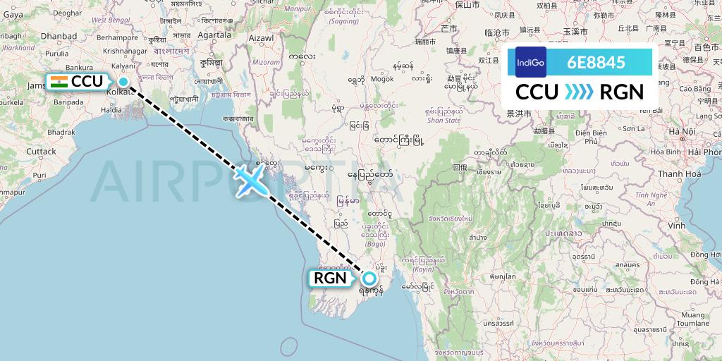 6E8845 IndiGo Airlines Flight Map: Kolkata to Yangon