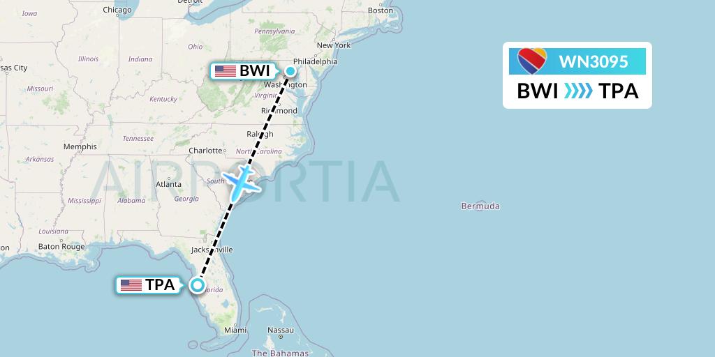 WN3095 Southwest Airlines Flight Map: Baltimore to Tampa