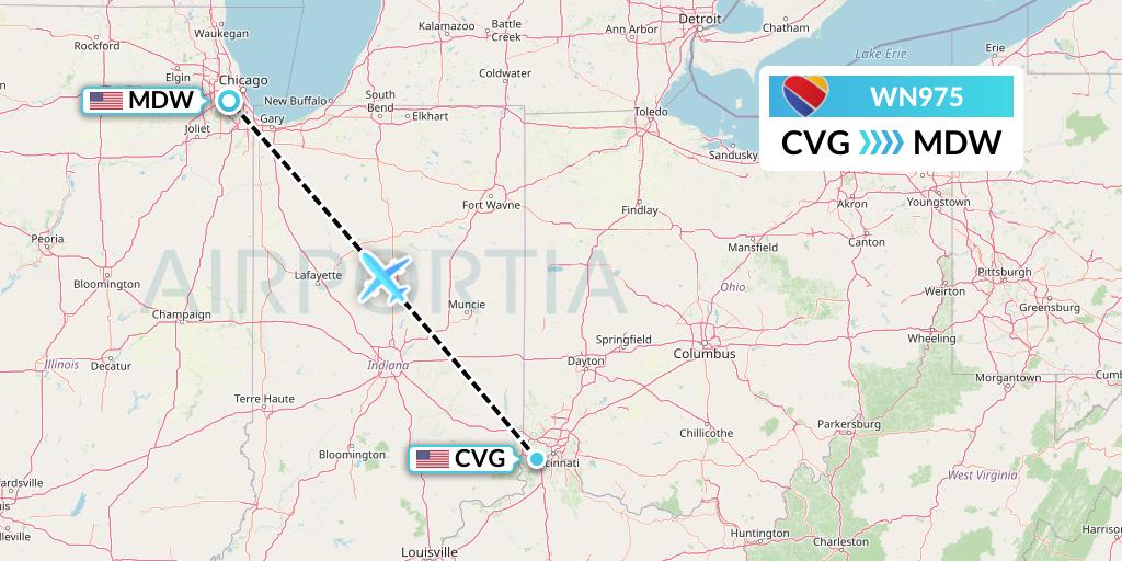 WN975 Southwest Airlines Flight Map: Cincinnati to Chicago