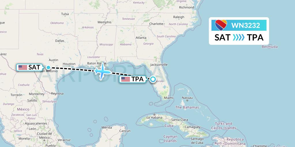 WN3232 Southwest Airlines Flight Map: San Antonio to Tampa