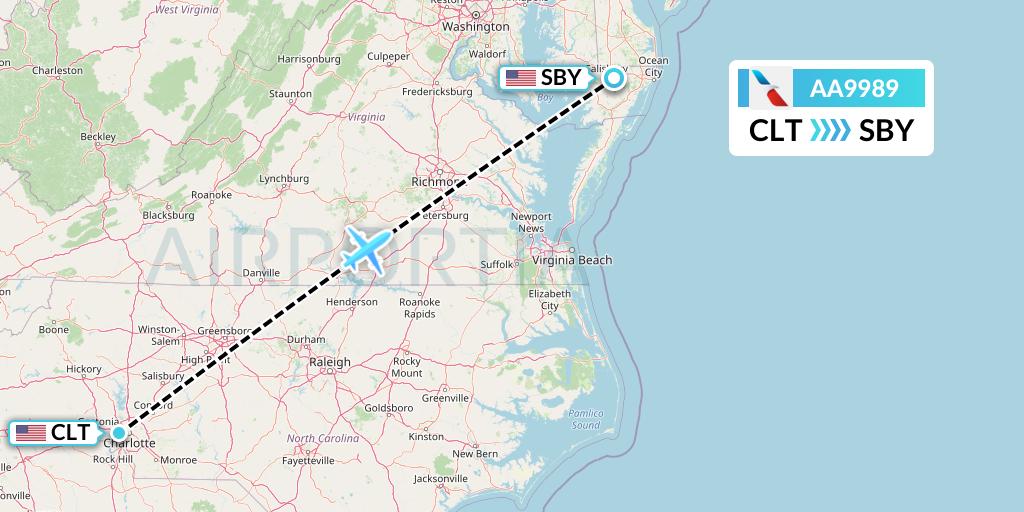 AA9989 American Airlines Flight Map: Charlotte to Salisbury
