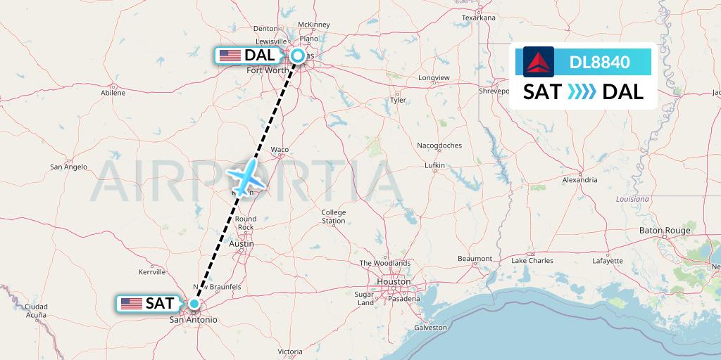 DL8840 Delta Air Lines Flight Map: San Antonio to Dallas