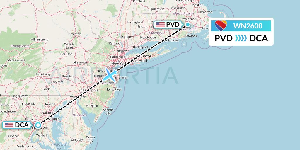 WN2600 Southwest Airlines Flight Map: Providence to Washington