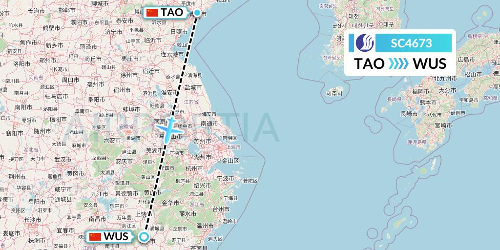 SC4673 Shandong Airlines Flight Map: Qingdao to Wuyishan