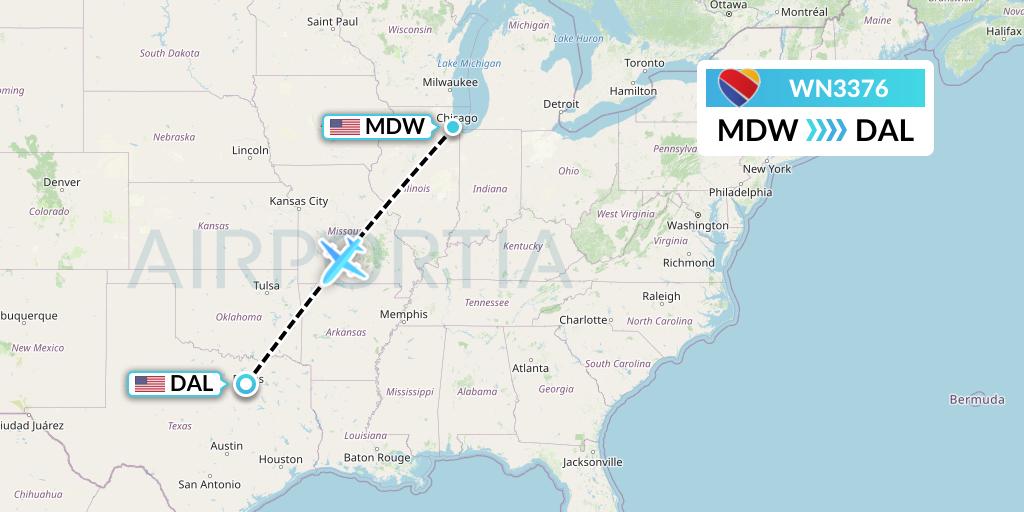 WN3376 Southwest Airlines Flight Map: Chicago to Dallas