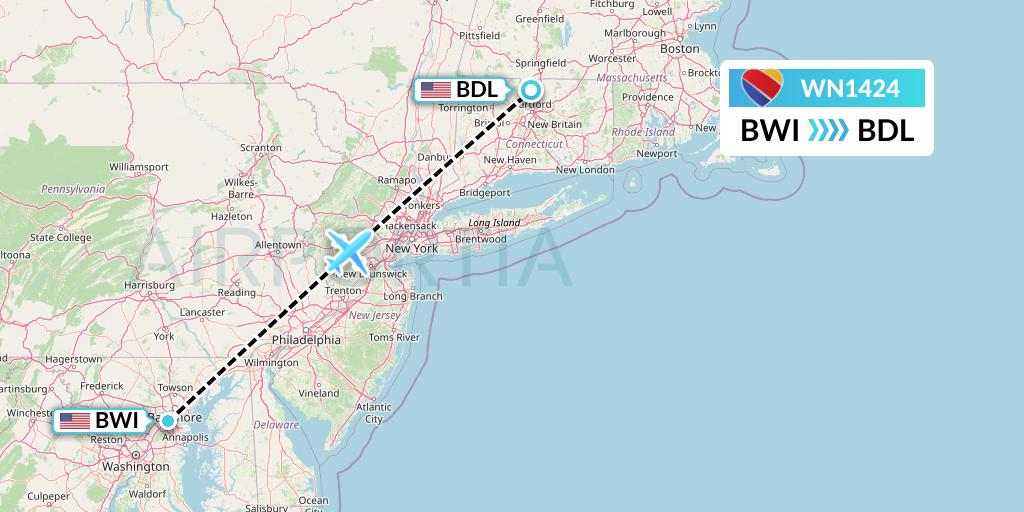 WN1424 Southwest Airlines Flight Map: Baltimore to Windsor Locks