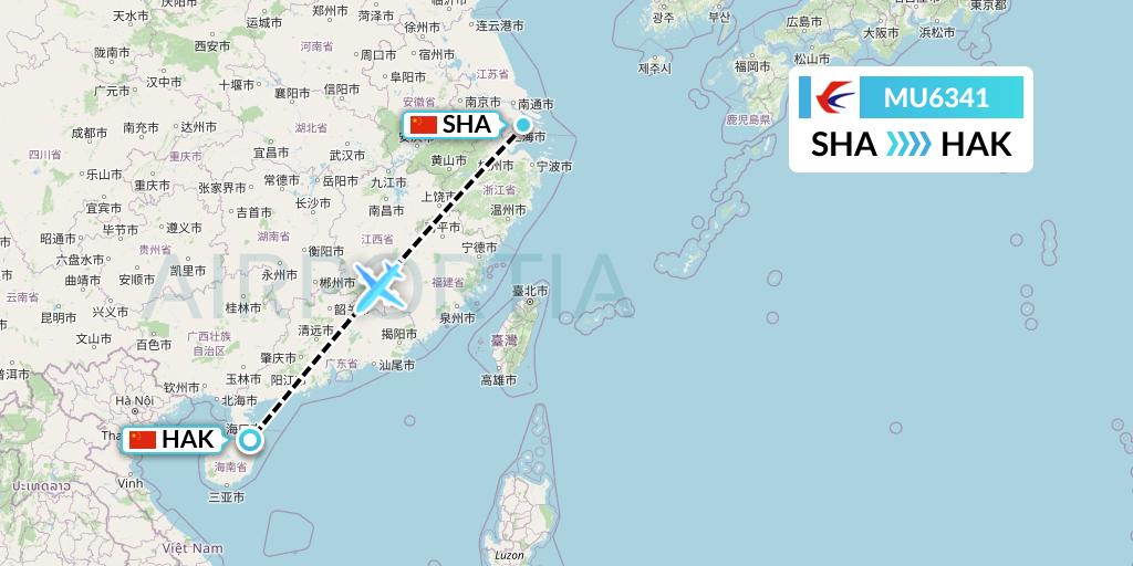 MU6341 China Eastern Airlines Flight Map: Shanghai to Haikou