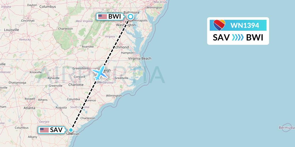 WN1394 Southwest Airlines Flight Map: Savannah to Baltimore