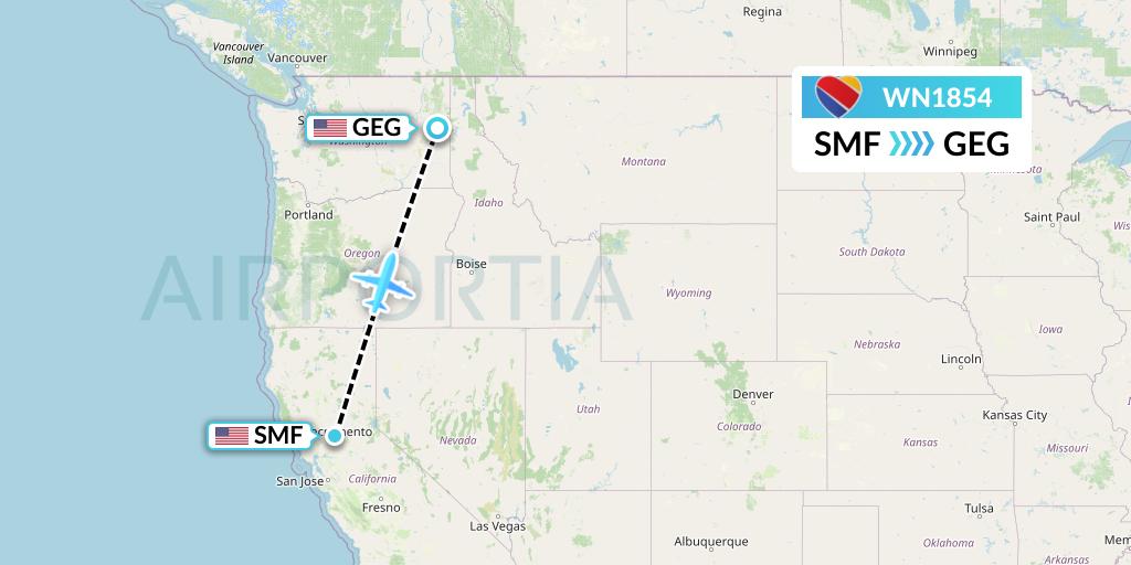 WN1854 Southwest Airlines Flight Map: Sacramento to Spokane
