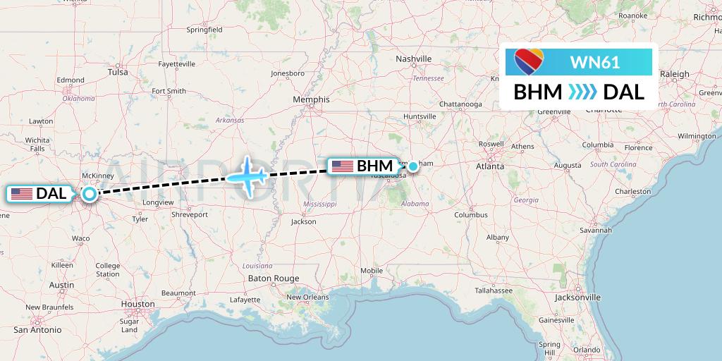 WN61 Southwest Airlines Flight Map: Birmingham to Dallas