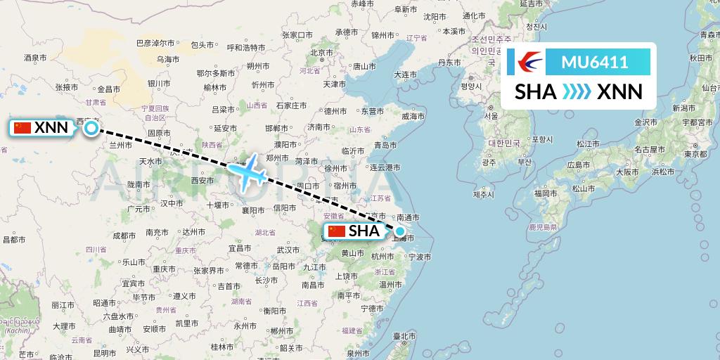 MU6411 China Eastern Airlines Flight Map: Shanghai to Xining
