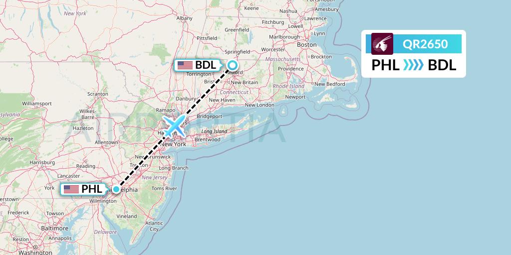 QR2650 Qatar Airways Flight Map: Philadelphia to Windsor Locks