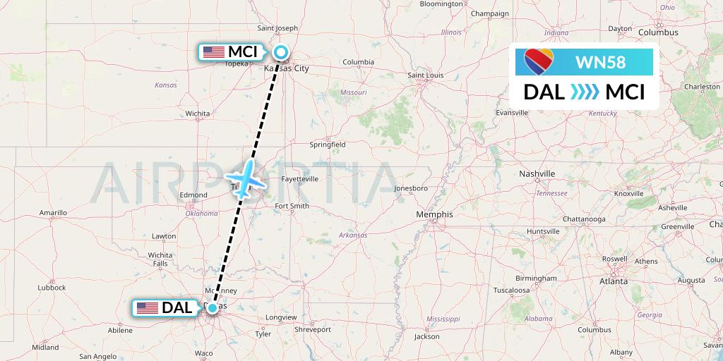 WN58 Southwest Airlines Flight Map: Dallas to Kansas City