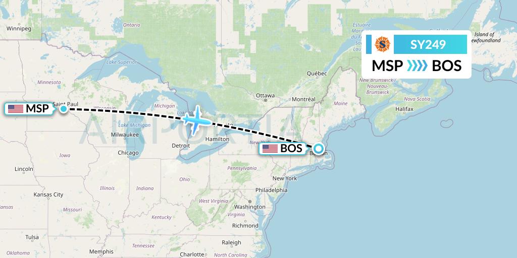 SY249 Sun Country Airlines Flight Map: Minneapolis to Boston