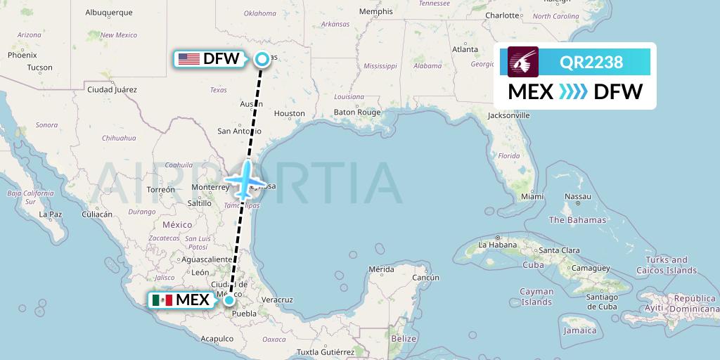 QR2238 Qatar Airways Flight Map: Mexico City to Dallas