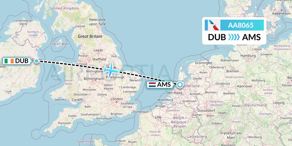 AA8065 American Airlines Flight Map: Dublin to Amsterdam