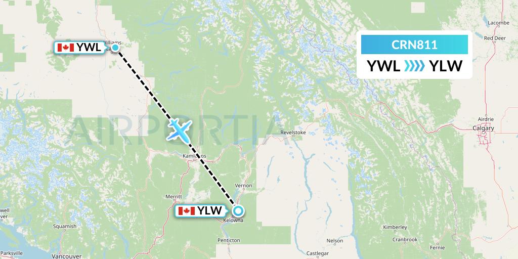 CRN811 Aerocaribbean Flight Map: Williams Lake to Kelowna