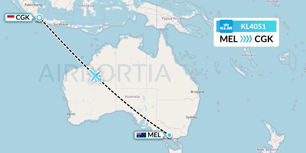 KL4051 KLM Flight Map: Melbourne to Jakarta