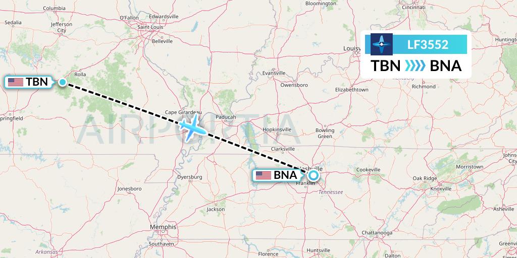 LF3552 Corporate Flight Management Flight Map: Waynesville to Nashville