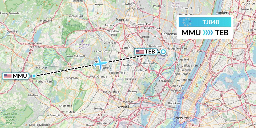 TJ848 Tradewind Aviation Flight Map: Morristown to Teterboro