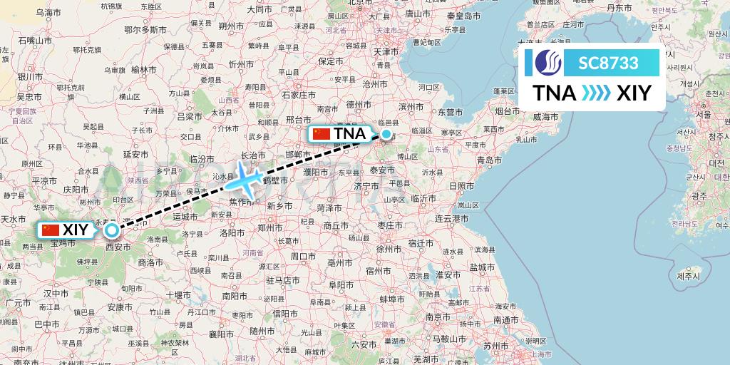 SC8733 Shandong Airlines Flight Map: Jinan to Xi'an