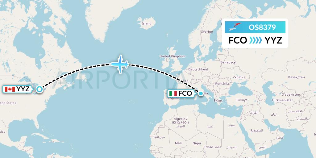 OS8379 Austrian Airlines Flight Map: Rome to Toronto