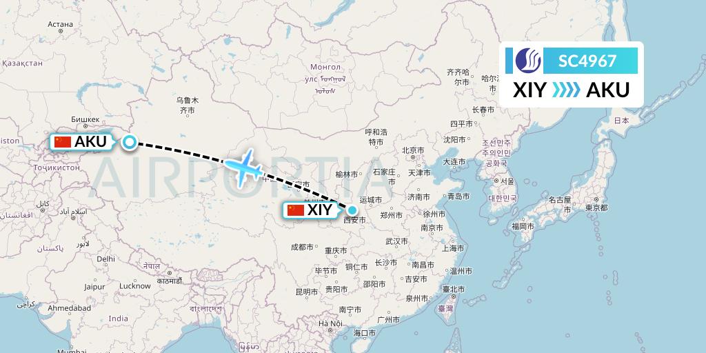 SC4967 Shandong Airlines Flight Map: Xi'an to Aksu