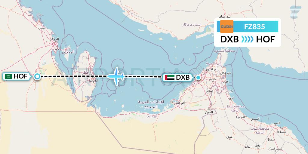 FZ835 FlyDubai Flight Map: Dubai to Hofuf