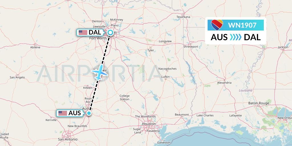 WN1907 Southwest Airlines Flight Map: Austin to Dallas