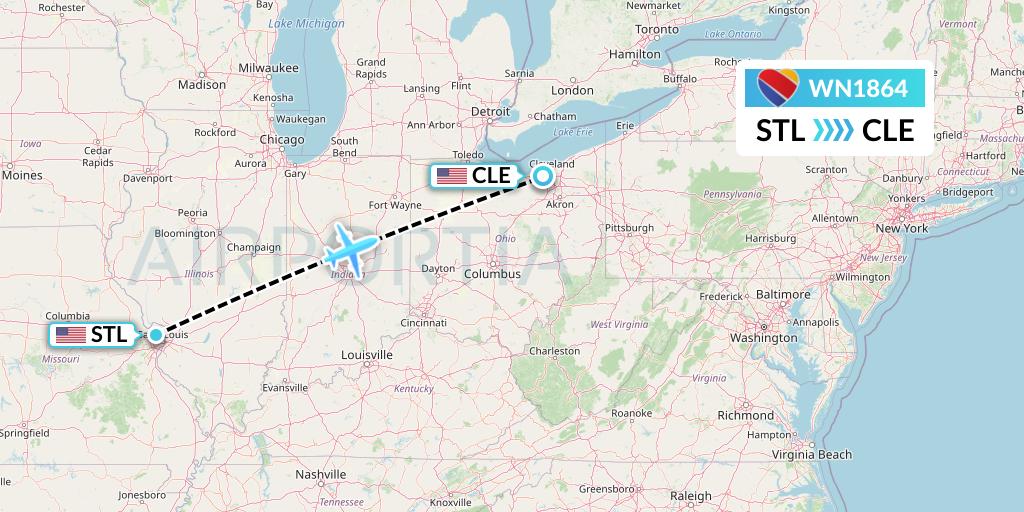 WN1864 Southwest Airlines Flight Map: St. Louis to Cleveland