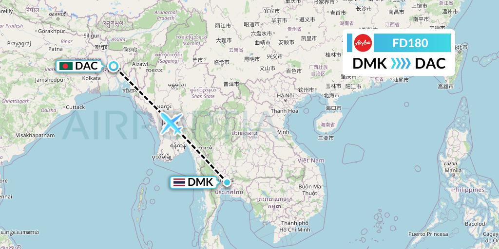 FD180 Flight Status Thai AirAsia Bangkok to Dhaka (AIQ180)