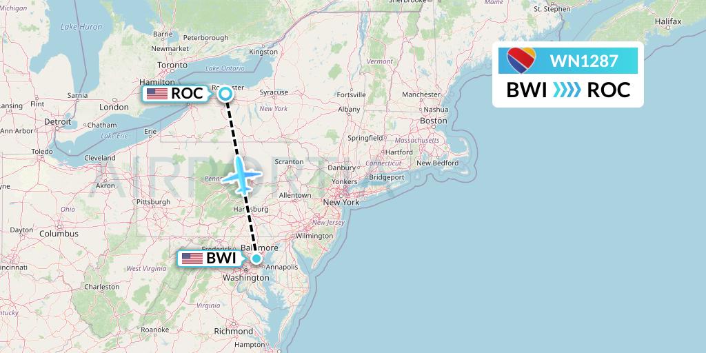 WN1287 Southwest Airlines Flight Map: Baltimore to Rochester
