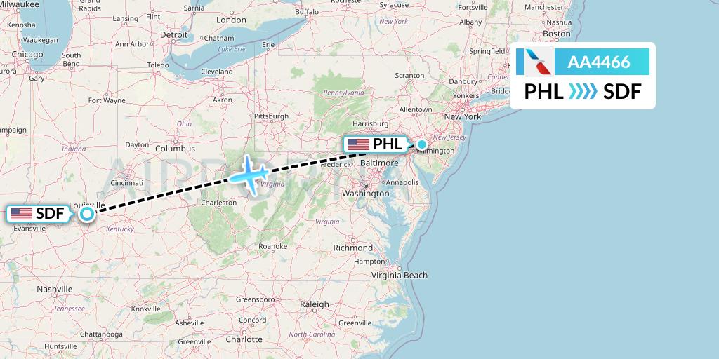 AA4466 American Airlines Flight Map: Philadelphia to Louisville