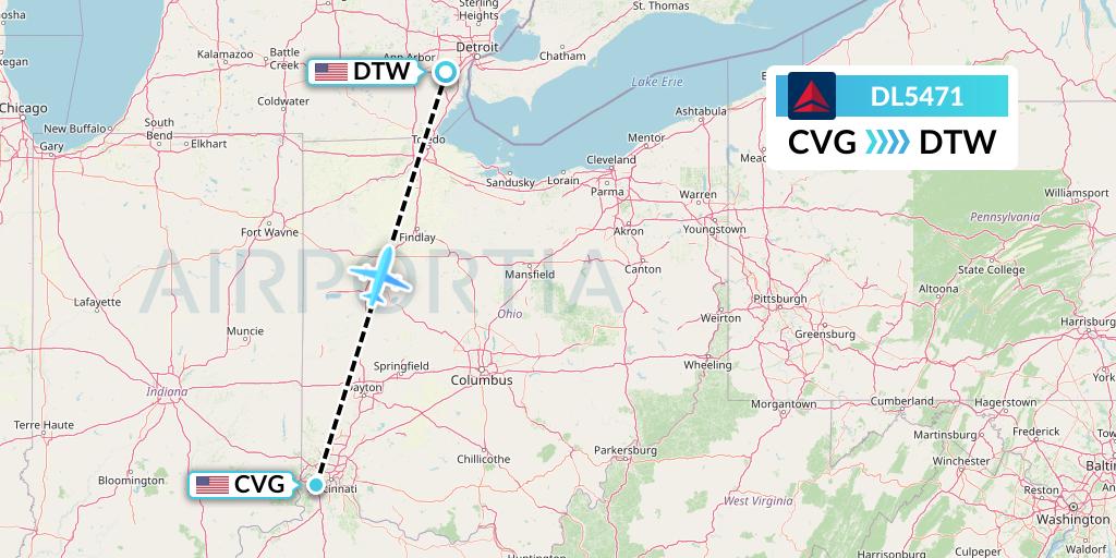 DL5471 Delta Air Lines Flight Map: Cincinnati to Detroit