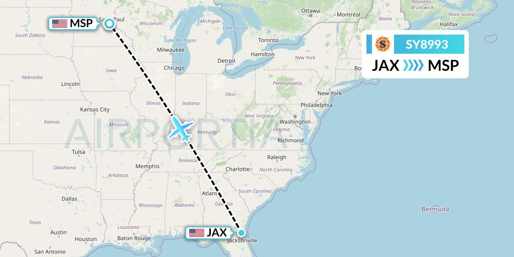 SY8993 Sun Country Airlines Flight Map: Jacksonville to Minneapolis