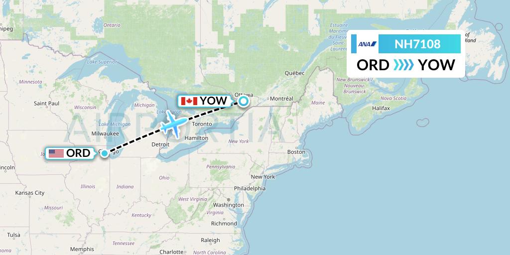 NH7108 All Nippon Airways Flight Map: Chicago to Ottawa