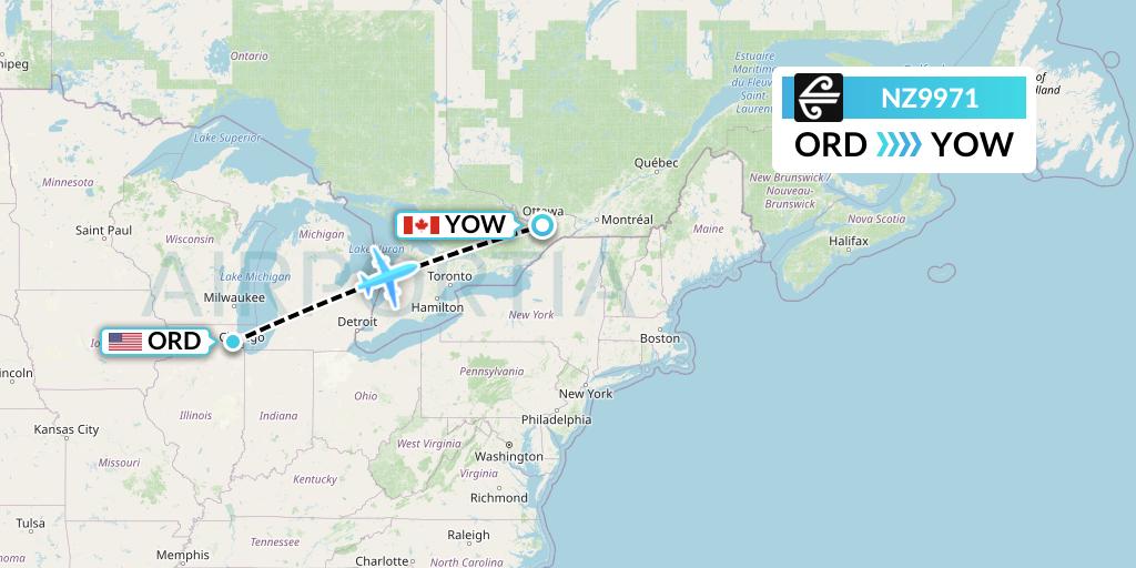 NZ9971 Air New Zealand Flight Map: Chicago to Ottawa