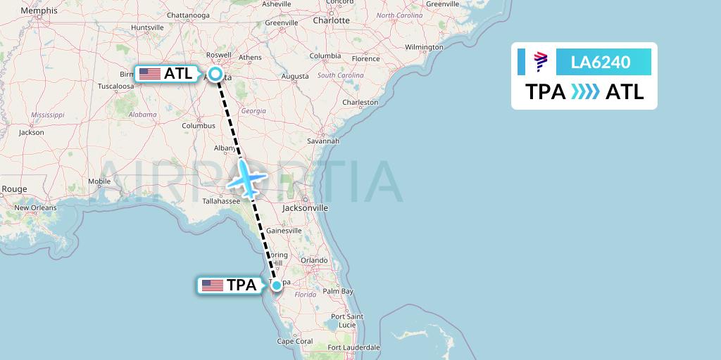 LA6240 LAN Airlines Flight Map: Tampa to Atlanta