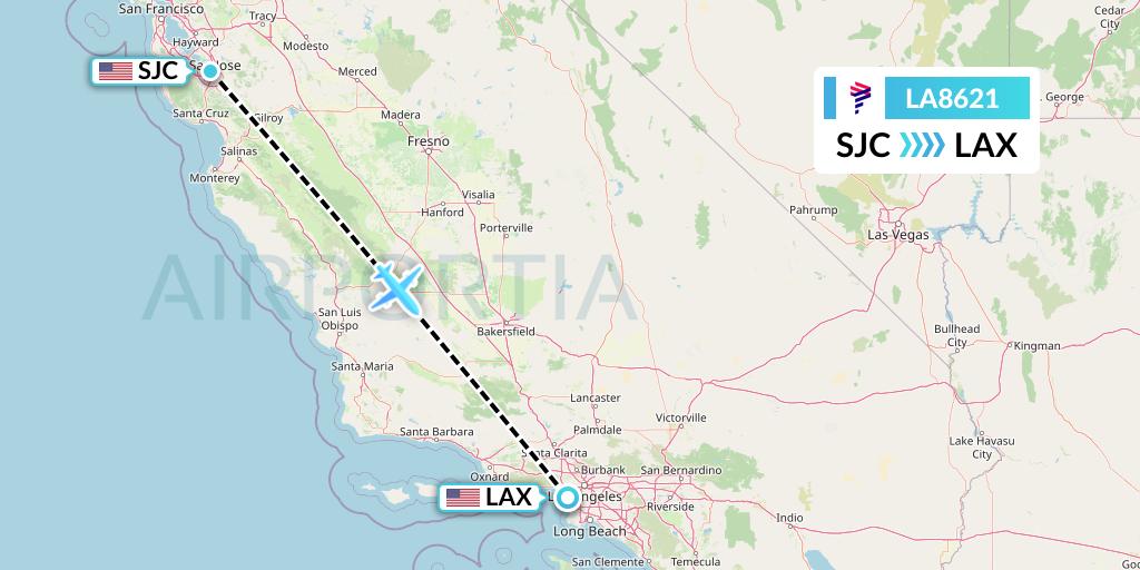 LA8621 LAN Airlines Flight Map: San Jose to Los Angeles