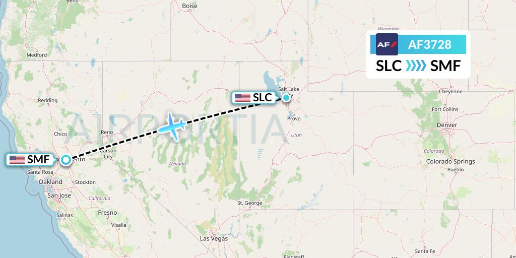 AF3728 Air France Flight Map: Salt Lake City to Sacramento