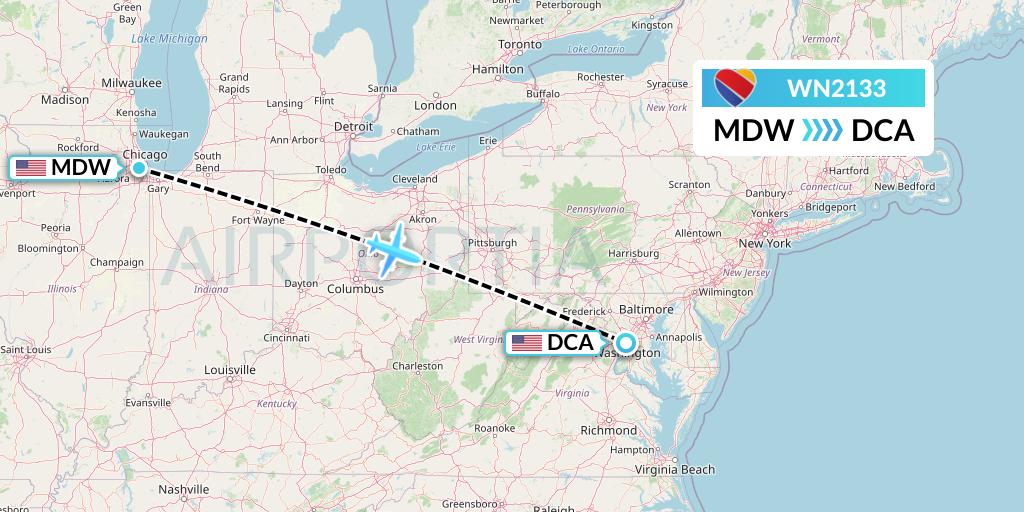 WN2133 Southwest Airlines Flight Map: Chicago to Washington